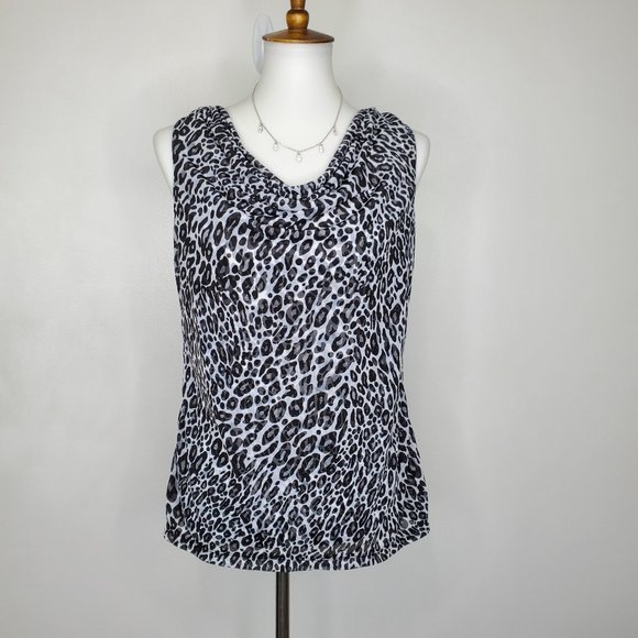 212 Collection Black White Animal Leopard Print Drape Neck Top Size S - Picture 1 of 14